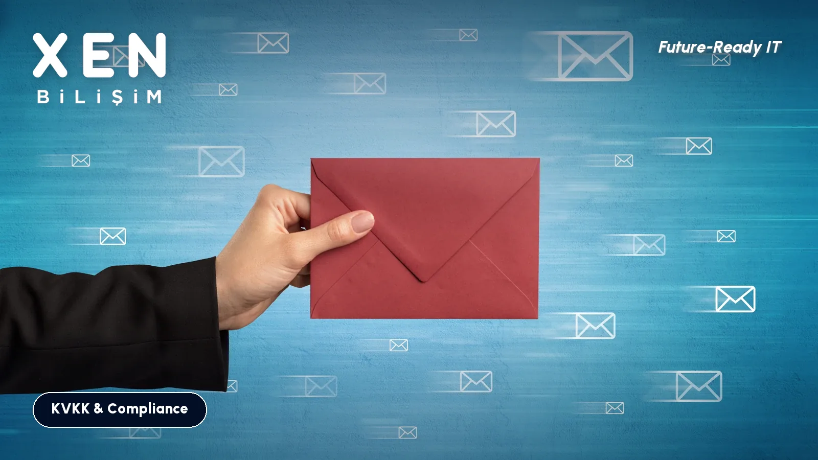 Hand holding an envelope among floating email icons — Xen Bilişim