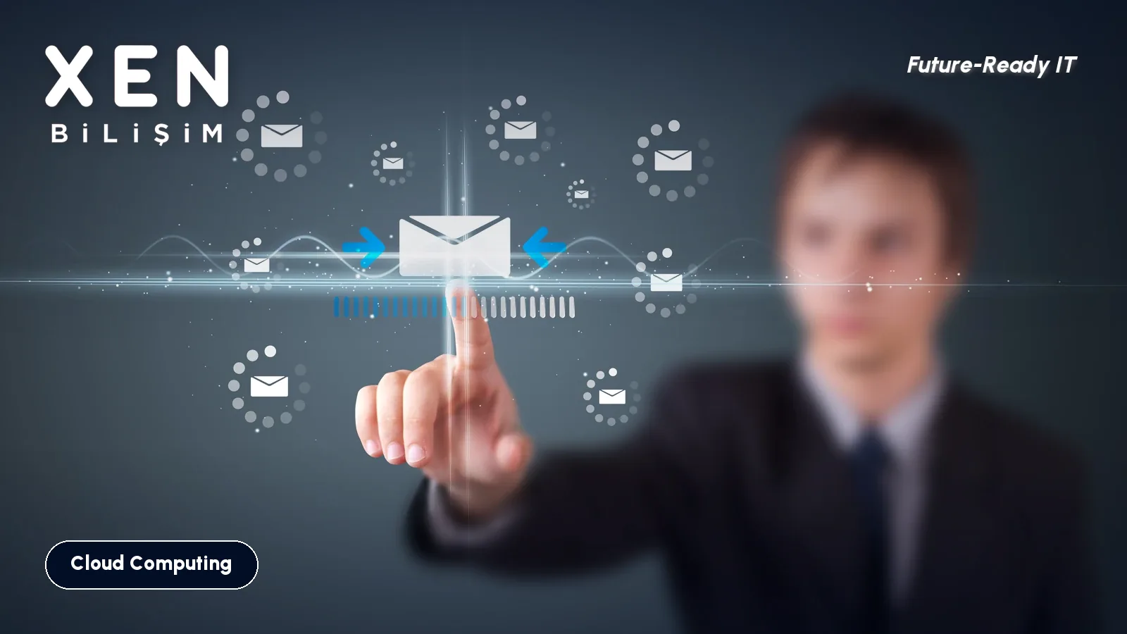 Person touching an email icon on a touch interface, Exchange Online deleted email recovery — Xen Bilişim
