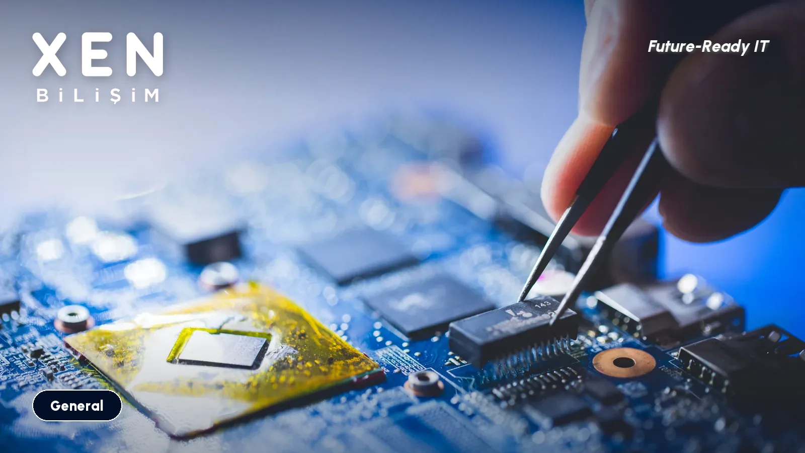 Close-up of a technician placing an electronic component onto a circuit board with tweezers — Xen Bilişim