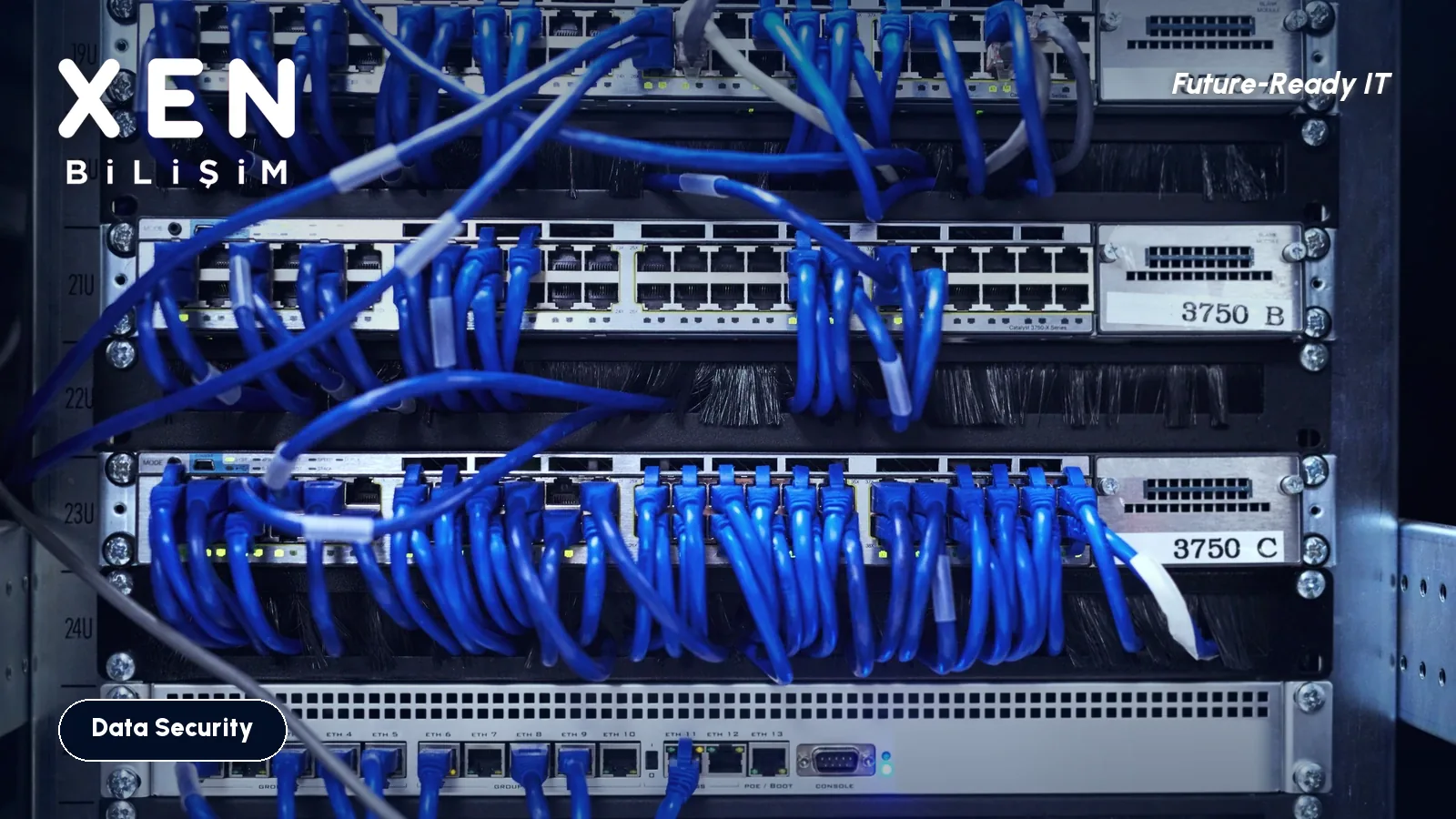 Blue network cables in a server rack with a firewall appliance — Xen Bilişim
