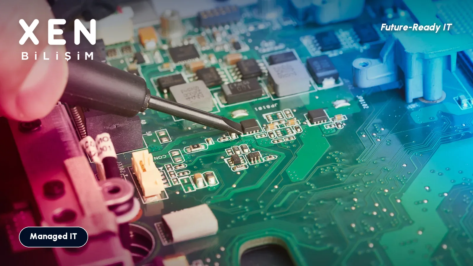 Technician's hand diagnosing a fault on a motherboard — IT support SLA response and resolution time — Xen Bilişim