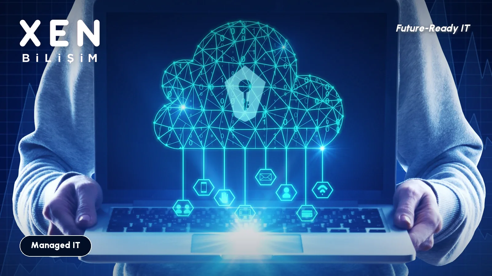 Laptop screen showing a cloud with a padlock, certificate renewal tracking — Xen Bilişim